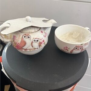 Owl Teapot and Cup Set with Floral Design